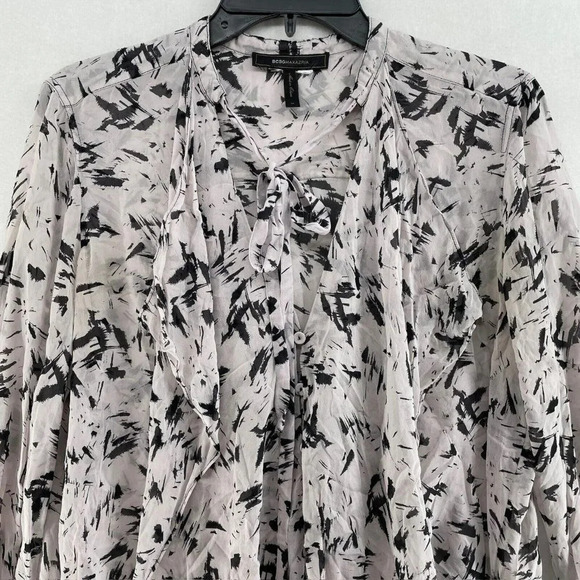 BCBGMAXAZRIA Tunic Blouse Women M Taupe Black Printed Knotted Front Keyhole Neck - Picture 8 of 9